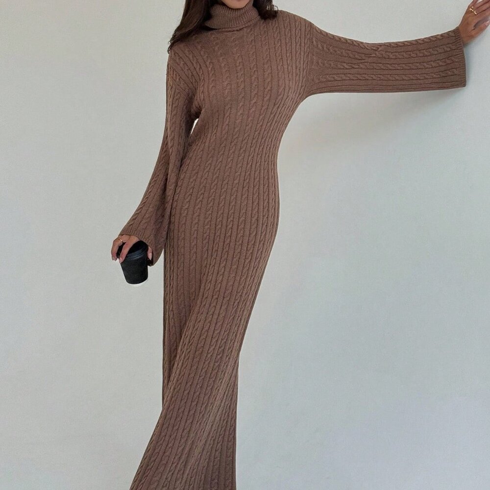 Coffee Brown Casual Women's Long Cable Knit Loose Fitted High Neck Sweater Dress - Picture 3 of 5